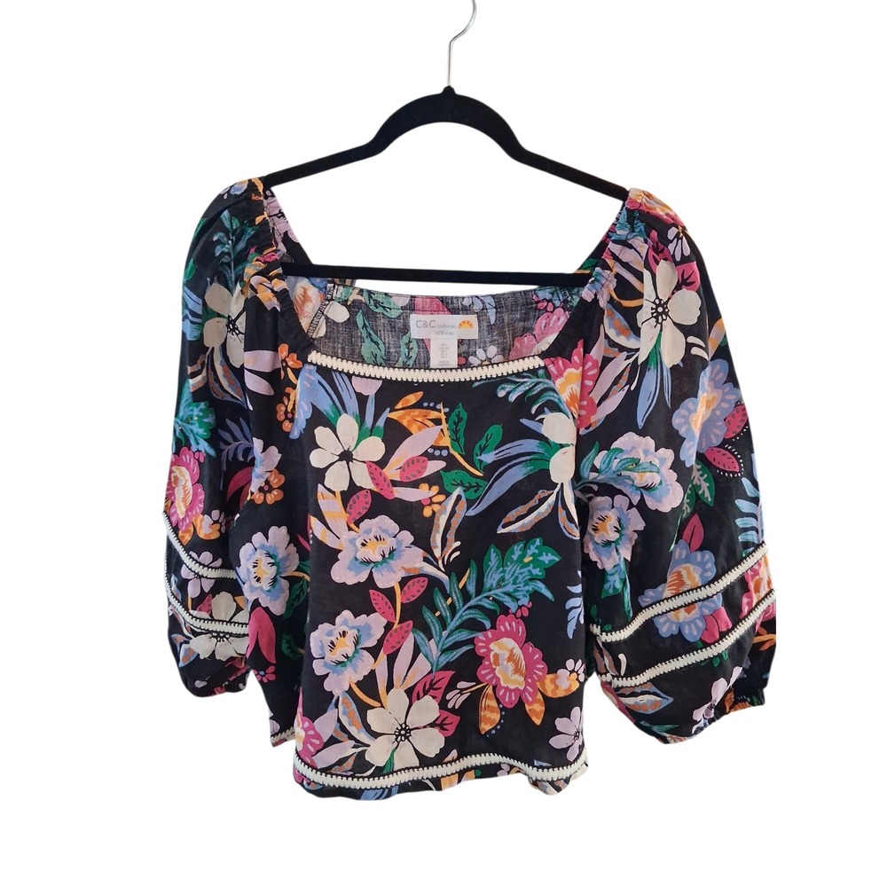 C&C California 100%Linen Euro Summer Womens size Large Floral Ballon Sleeve Top - Picture 7 of 12